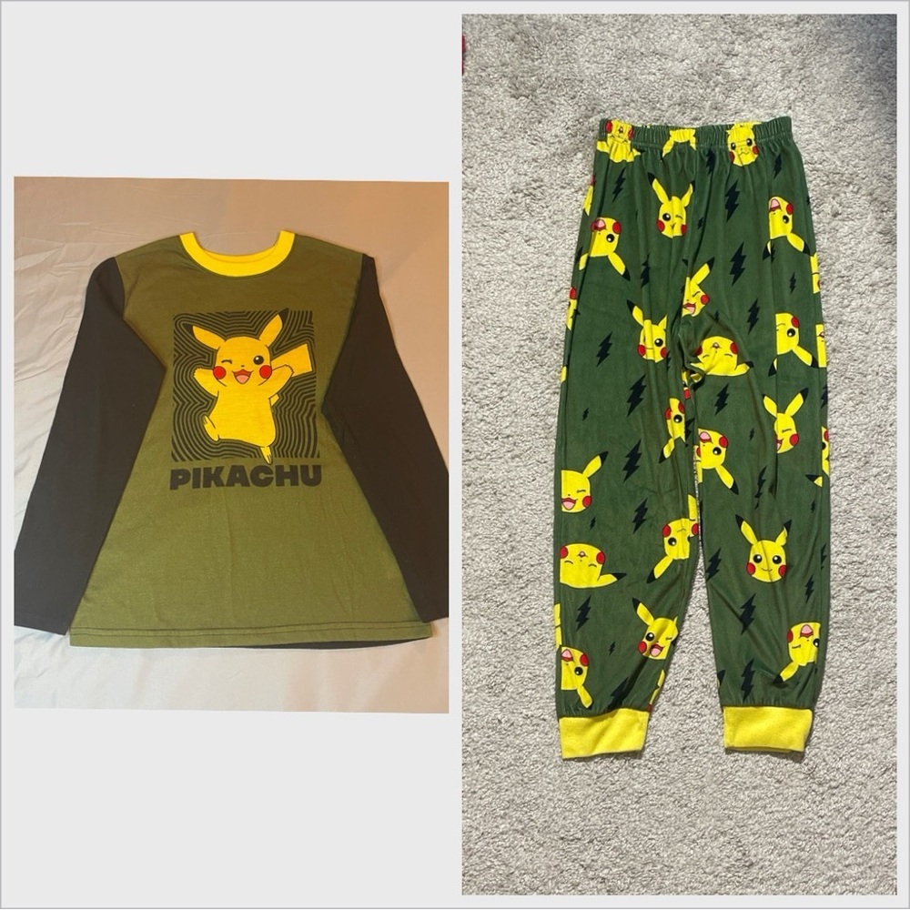 Pikachu Green Kids Pajama Bottoms with Pikachu Print. Boys Size 10/12